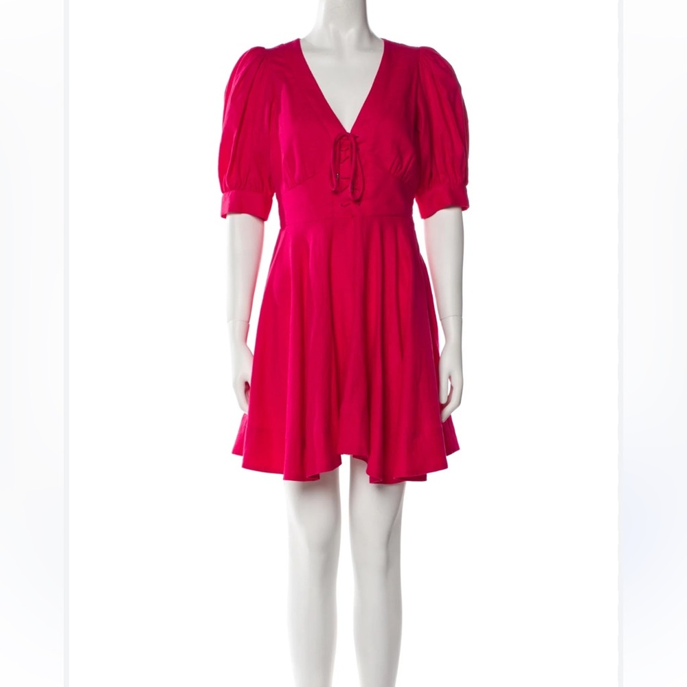 House of Harlow 1960 Puff Sleeve linen blend hot pink Mini Dress Size 6 v-neck